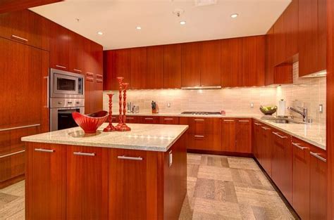 Cherry Kitchen Cabinets With Gray Wall And Quartz Countertops Ideas