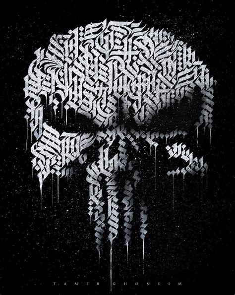 Calligram Of The Punisher Logo Using Abstract Calligraphy Style Strokes