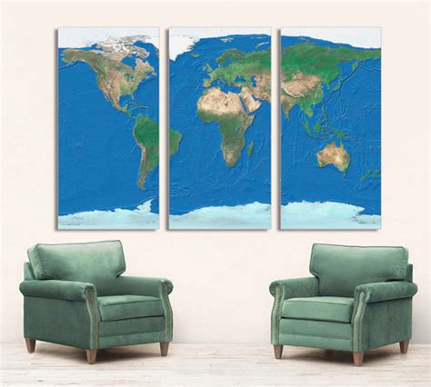 3 Panel Split World Map Canvas Print Digitally Bubble Texture Etsy