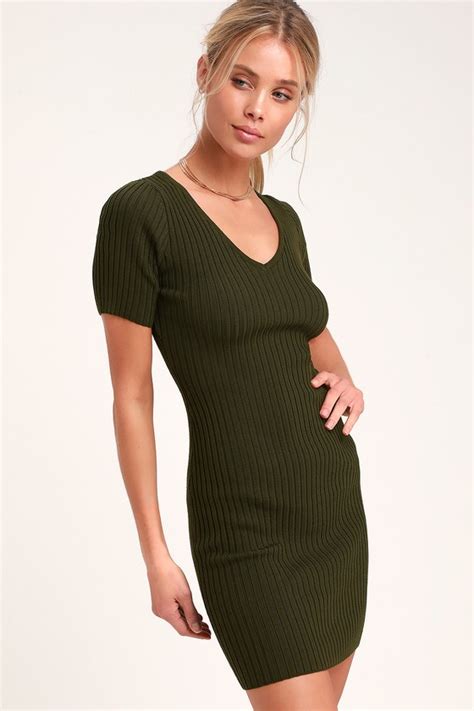 Chic Olive Green Dress Ribbed Knit Dress Ribbed Bodycon Dress Lulus