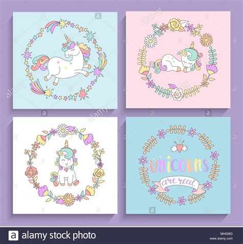 Set Of Magical Unicorns Cards With Circle Frames And Lettering Vector