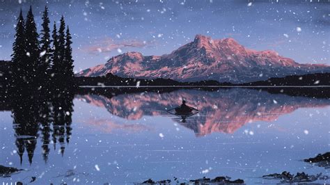 Download Wallpaper 2048x1152 Lake Mountains Boat Art Snow Twilight