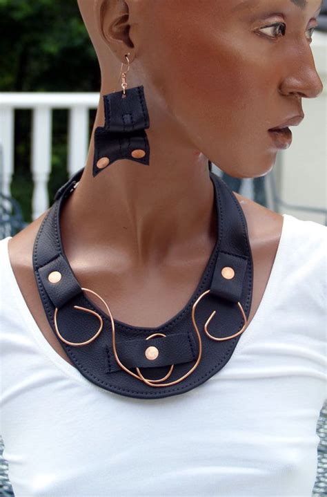 Black Leather Bib Necklace with Copper Accents Made to Order Кожаные