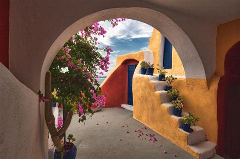 Architecture Building Greece Arch Stairs Flowers Cactus Clouds