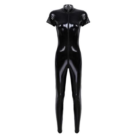 Latex Catsuit Patent Leather Women Jumpsuits Black Wetlook Pvc Bodysuit