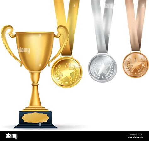 Golden Trophy Cup And Set Of Medals With Ribbons On White Background