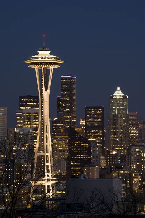 The Space Needle Is Lit Up At Night In Front Of The Cityscape And