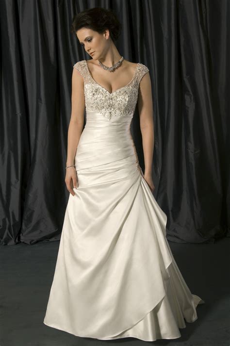 Princess Style Satin And Lace Bridal Gown With Cap Sleeves