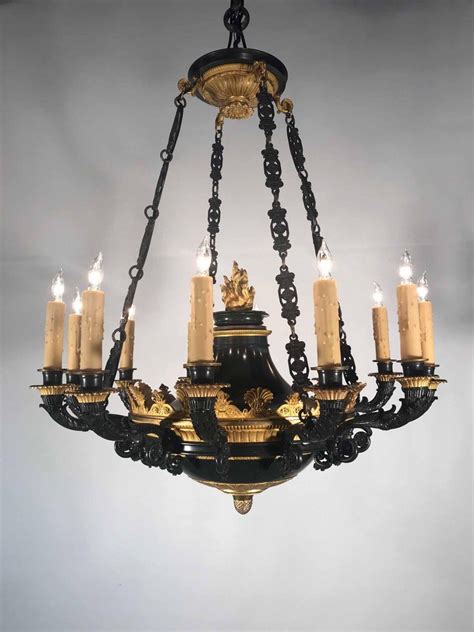 Antique Empire Style Twelve Light Gilt Bronze Chandelier For Sale At