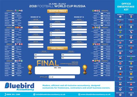 There are four different types of tickets, individual match tickets, venue specific tickets, team specific tickets and support tickets and conditional support tickets. Free World Cup 2018 Wall Chart for Russia | Bluebird ...
