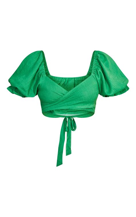 Green Tie Front Linen Feel Crop Top Tops Prettylittlething Aus