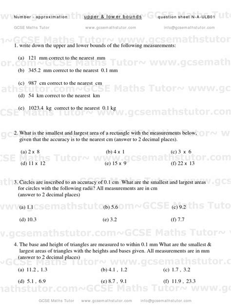 Upper And Lower Bounds Worksheet 01approximation Number From Gcse