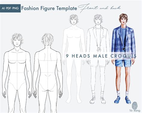Male Fashion Figure Templates 9 Heads Croquis Front And Etsy Vietnam