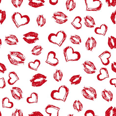 Seamless Pattern Red Lipstick Kisses And Hearts On White Background Lips Prints Vector