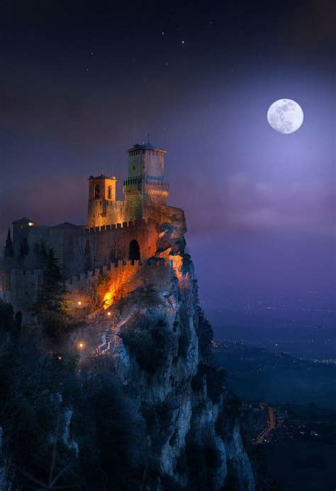The republic of san marino, italy wallpapers and images. Guaita Castle at full moon in San Marino, Italy | Starry ...