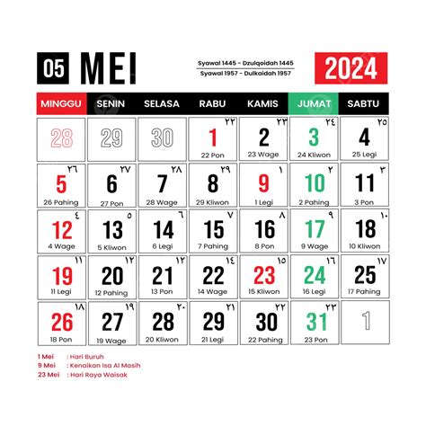 Kalender Mei 2024 Templat Sederhana Modern Vektor Mei 2024 Kalender