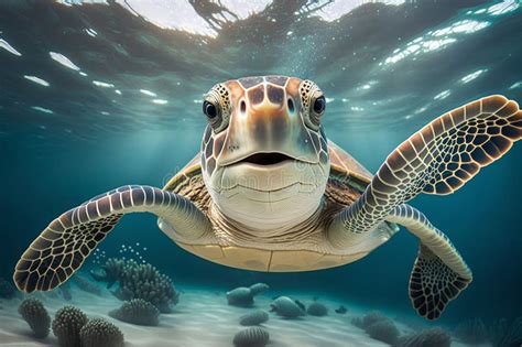 Portrait Of A Happy Sea Turtle Swimming Underwatergenerative Ai Stock