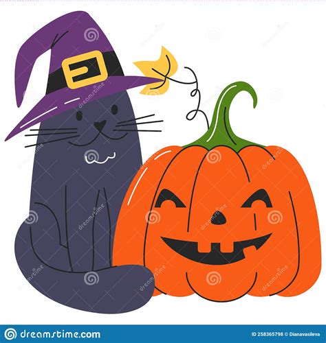 Black Cat In Witch Hat With Halloween Pumpkin Stock Vector