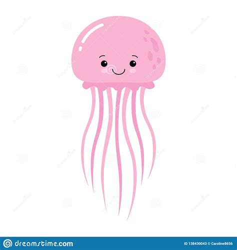 Vector Illustration Of Cartoon Funny Pink Jellyfish