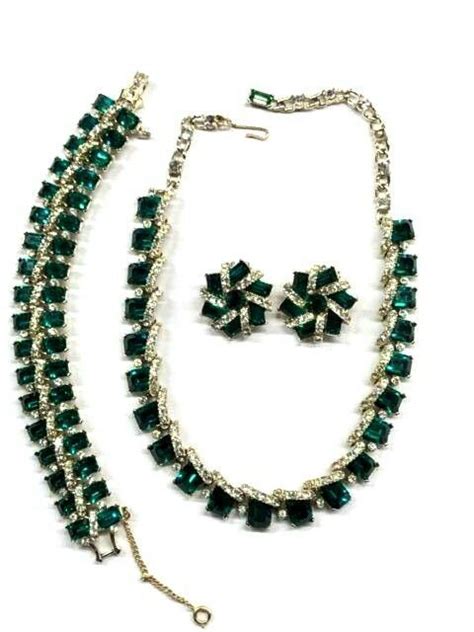 Vintage Kramer Emerald Clear Rhinestone Necklace Bracelet Earrings Set