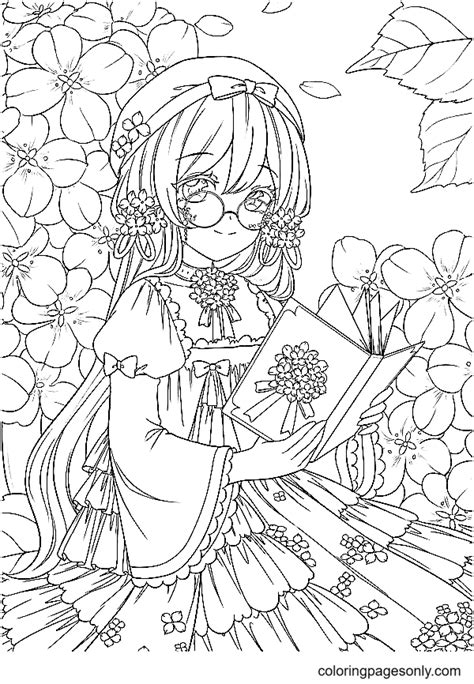 Beautiful Anime Girl Wearing Reading Glasses Coloring Page Hair Anime