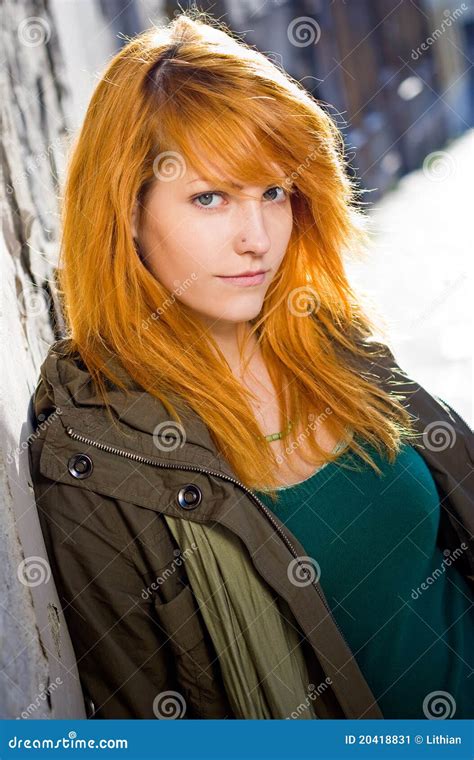 Young Redhead Girl Posing On Old Str Stock Image Image Of Redhead