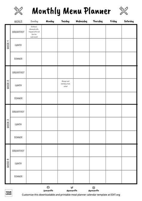 Monthly Meal Planner Template Pdf