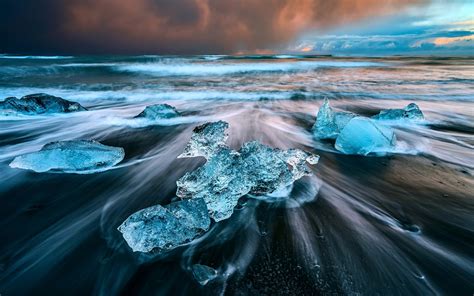 Nature Ice Water Sea Waves Long Exposure Iceland Beach