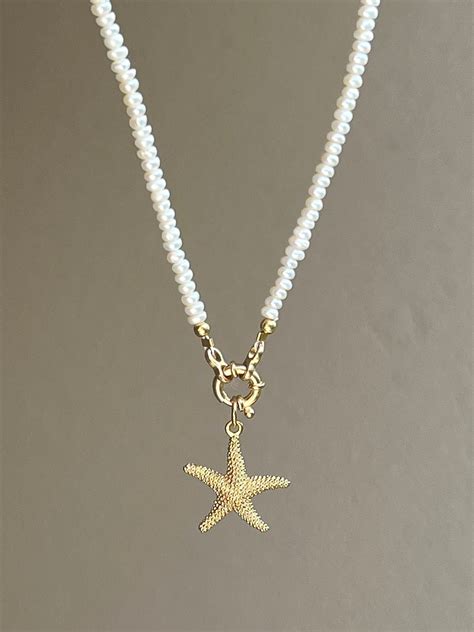 Tiny Pearl Necklace With Golden Starfish Pendant Starfish Etsy