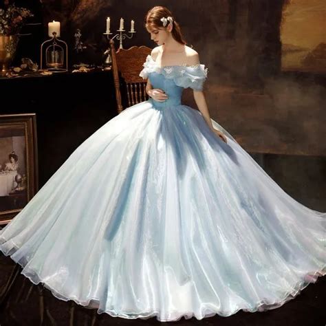 Cinderella Sky Blue Organza Dancing Prom Dresses 2021 Ball Gown Off The