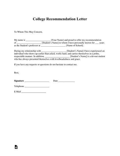 free college recommendation letter template with samples pdf word eforms