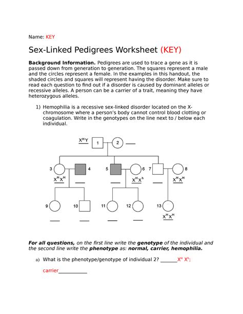 4 13 Sex Link Pedigrees Name Key Sex Linked Pedigrees Worksheet Key