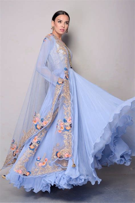 501880d Sky Blue Chiffon Anarkali Suit With Net Dupatta Pastel Color Dress Indian Gowns