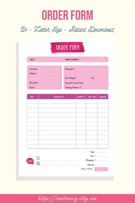 Order Form Template Printable Small Business Order Form Blank Etsy