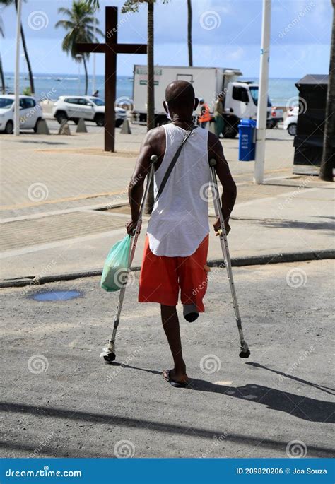 Amputee Man Using Crutch Editorial Photo Image Of Disability 209820206