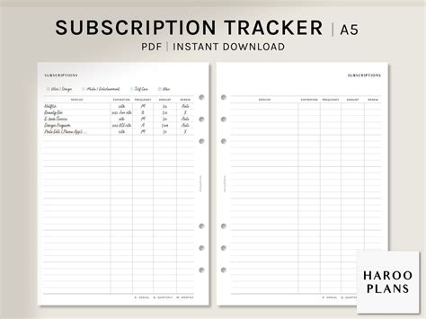 Subscription Tracker A5 Printable Planner Inserts Monthly Membership