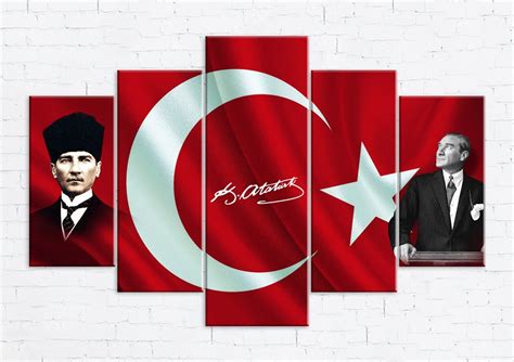 Türk Bayrağı ve Atatürk Resimli 5 Parça Kanvas Tablo Meteor Galeri