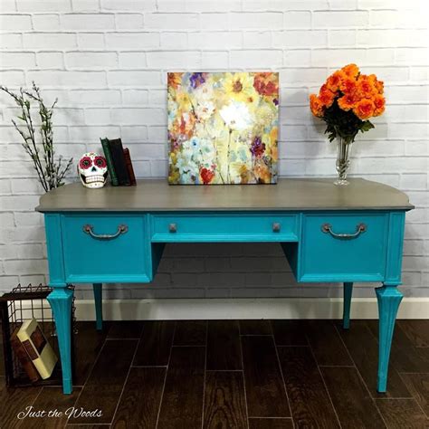 Vintage Painted Turquoise Desk With Gray Washed Top Turquoise Desk