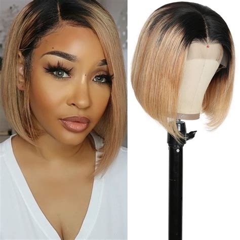 Nadula Straight Short Bob Human Hair Wig Blonde Ombre Color 13x4 Lace