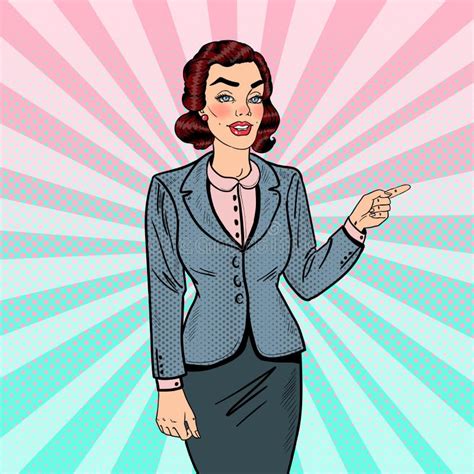 Pop Art Successful Business Woman Pointing On Copy Space Business