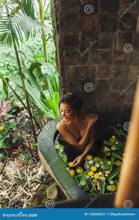 Woman Enjoying In Outdoor Tropical Spa Bath Tub Stock Image Image Of Natural Naked 154568327