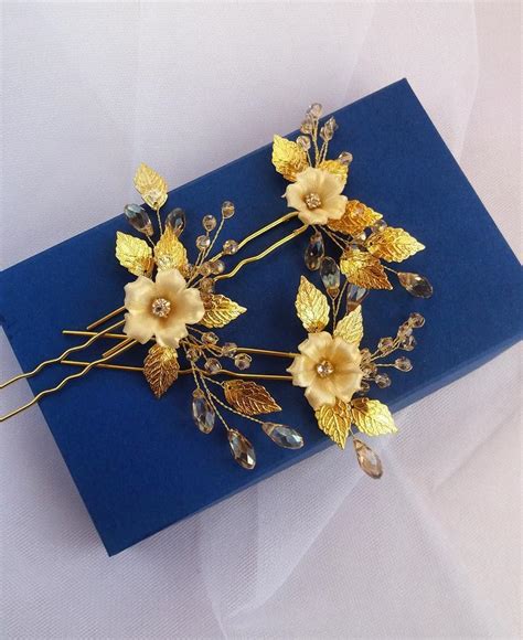 Gold Bridal Hair Pins For Bride Wedding Flower Hairpiece Bridesmaid