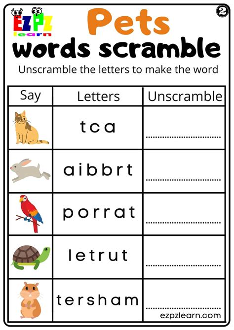 Pets Words Scramble Set 2 Worksheet For Kids And Esl Pdf Download