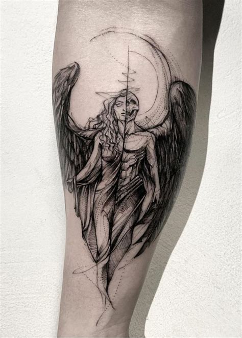 black and white tattoo of a woman half angel half demon tattoo forearm tattoo sketch style