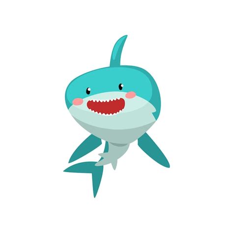Ładny Uśmiechający Się Niebieski Rekin Postać Z Kreskówki Wektor Ilustracja Na Białym Tle