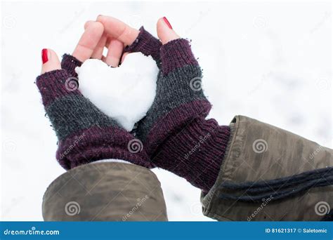Woman Hands Holding Heart Shaped Snowball Stock Image Image Of Love