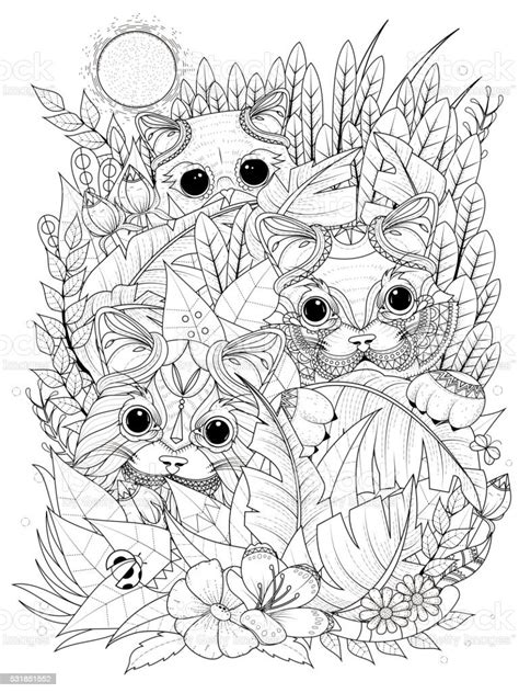 Wild Kitties Adult Coloring Page Stock Illustration Download Image