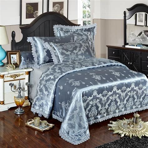 Silver Gold Blue Lace Jacquard Luxury Bedding Sets Queen King Size Bed