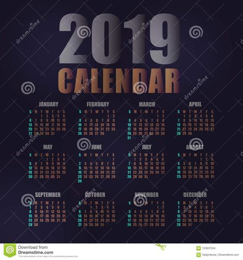 2019 Calendar Template Vector Illustration Stock Illustration