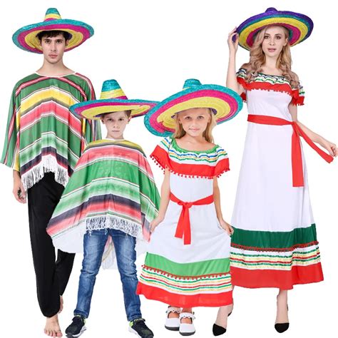 Halloween Adults Kids Children Stripe Mexico Costume Dress Cape Straw
